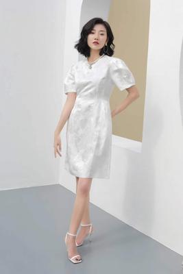 南油精品 高品提花双宫丝 丝麻提花短袖连衣裙