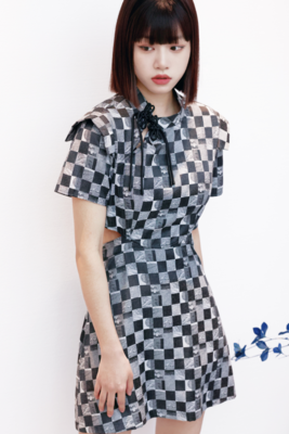 棋盘格个性印花连衣裙 现代新中式 裙子