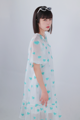 高端原创设计 干净清爽连衣裙 绿色爱心提花裙子